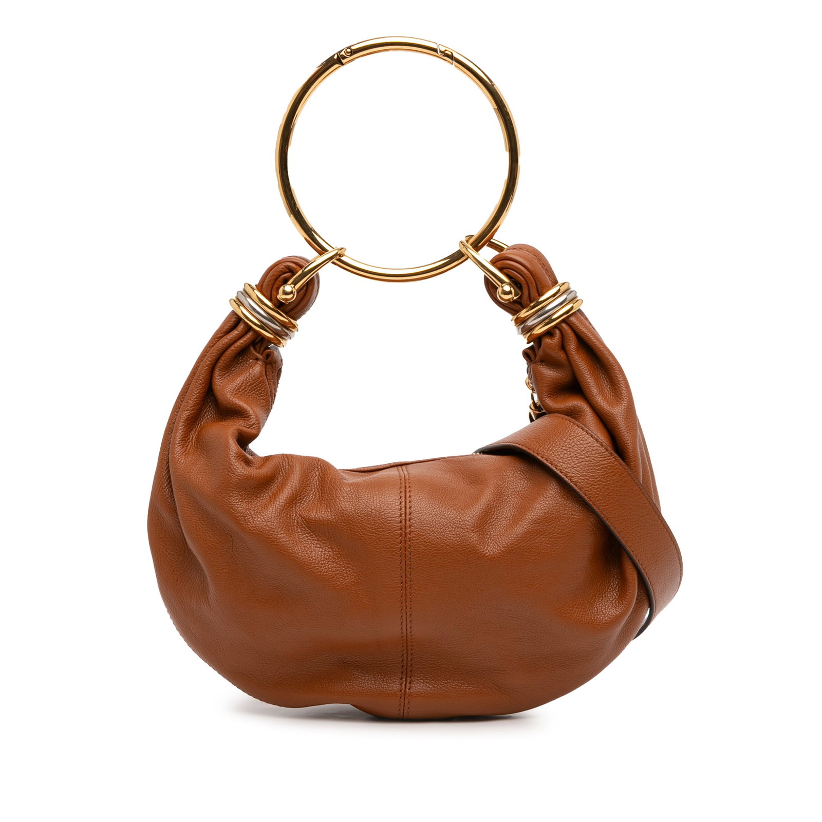 Chloe Brown Leather Hobo Bag with Gold Ring Handle: Chloe Brown Leather Hobo Bag with Gold Ring Handle This Chloe Small Leather Bracelet Hobo bag features a brown leather body, a gold-tone ring top handle, and an adjustable leather shoulder strap. It i