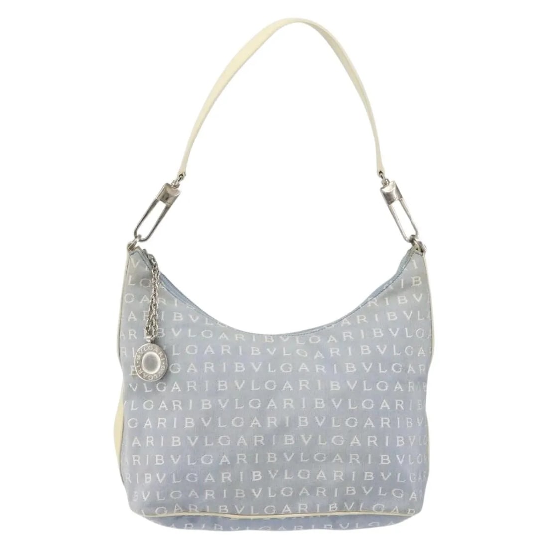 Bvlgari Logomania blue canvas shoulder bag with leather trim: Bvlgari Logomania blue canvas shoulder bag with leather trim This pre-owned Bvlgari Logomania shoulder bag for women features a blue canvas body with leather accents. It measures 27cm x 18cm x 12cm an