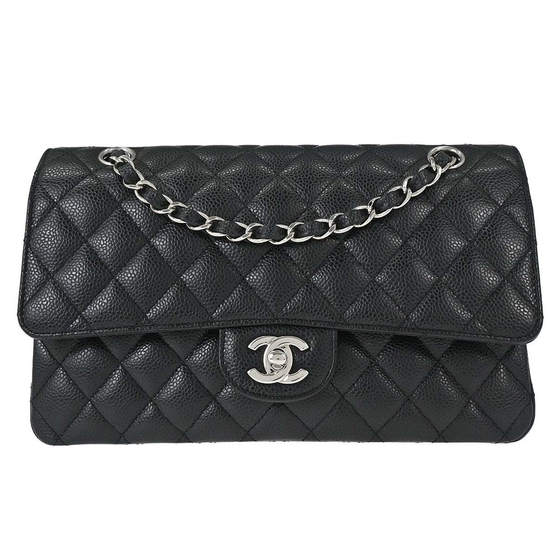 CHANEL Classic Double Flap Medium Black Caviar Leather Shoulder Bag: CHANEL Classic Double Flap Medium Black Caviar Leather Shoulder Bag Chanel Classic Double Flap medium shoulder bag in black caviar skin leather with a matelasse pattern and turnlock closure. This wome