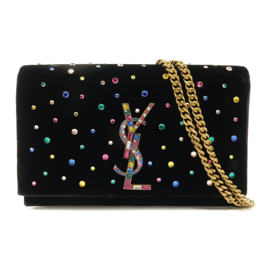 Saint Laurent YSL Velvet Black Chain Crossbody Bag GHW 520514: Saint Laurent YSL Velvet Black Chain Crossbody Bag GHW 520514 This Saint Laurent shoulder bag features a luxurious black velvet exterior and gold-tone chain hardware. With its compact design, it is id