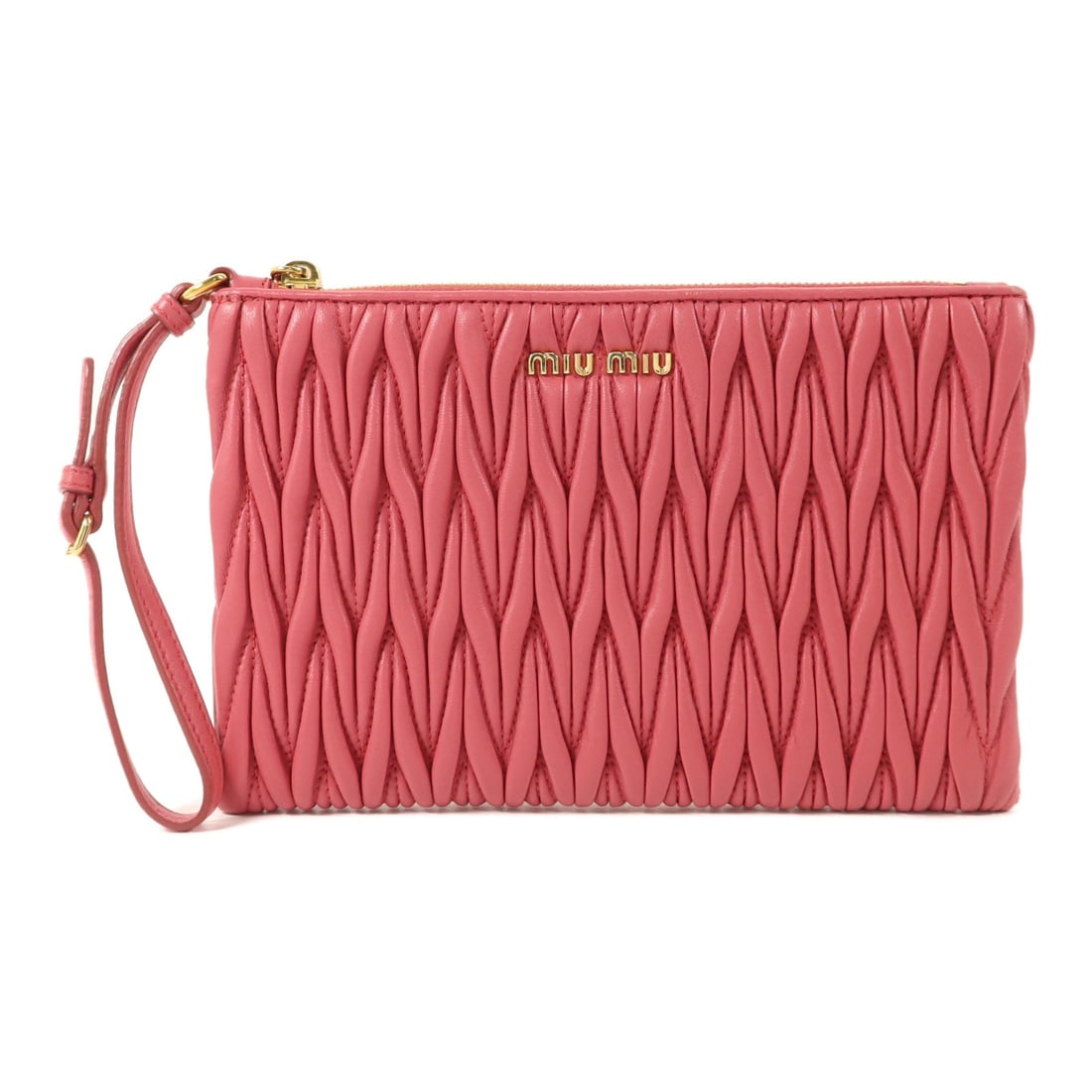 Miu Miu 5NH811 Pink Lambskin Clutch with GHW: Miu Miu 5NH811 Pink Lambskin Clutch with GHW This Miu Miu clutch bag features a stylish pouch design crafted from soft pink lambskin leather. It is accented with gold-tone hardware, providing a sophis