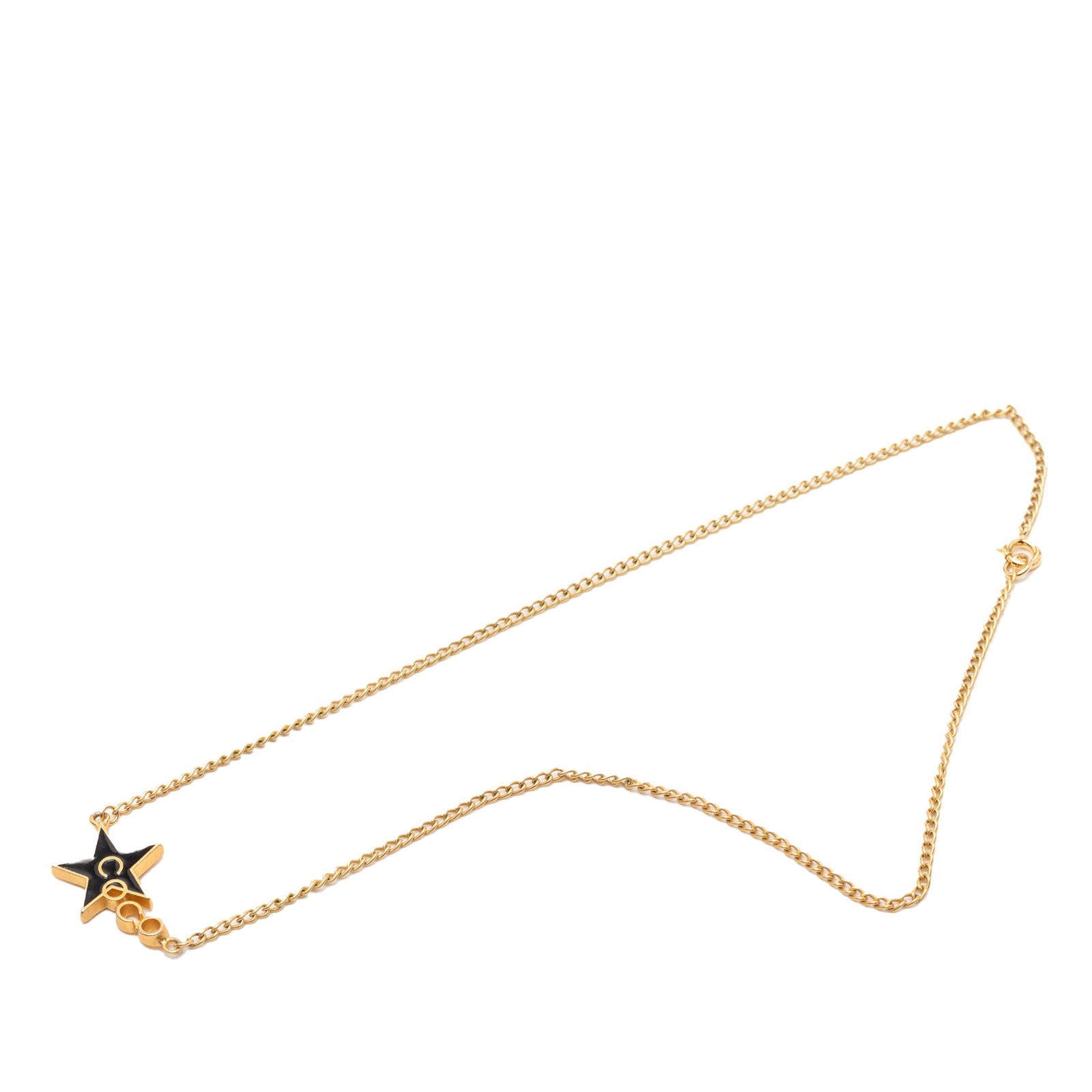 Chanel Coco Star enamel pendant necklace gold plated: Chanel Coco Star enamel pendant necklace gold plated This Chanel necklace features a gold-toned metal chain and a pendant with enamel detailing in the iconic Coco Star design. It is secured with a spr