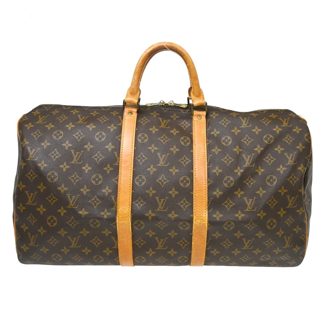 Louis Vuitton Keepall 55 Monogram Canvas Duffle Bag M41424: Louis Vuitton Keepall 55 Monogram Canvas Duffle Bag M41424 Vintage Louis Vuitton Keepall 55 travel handbag in Monogram canvas with leather trim and double handles. This extra-large duffle-style bag fe