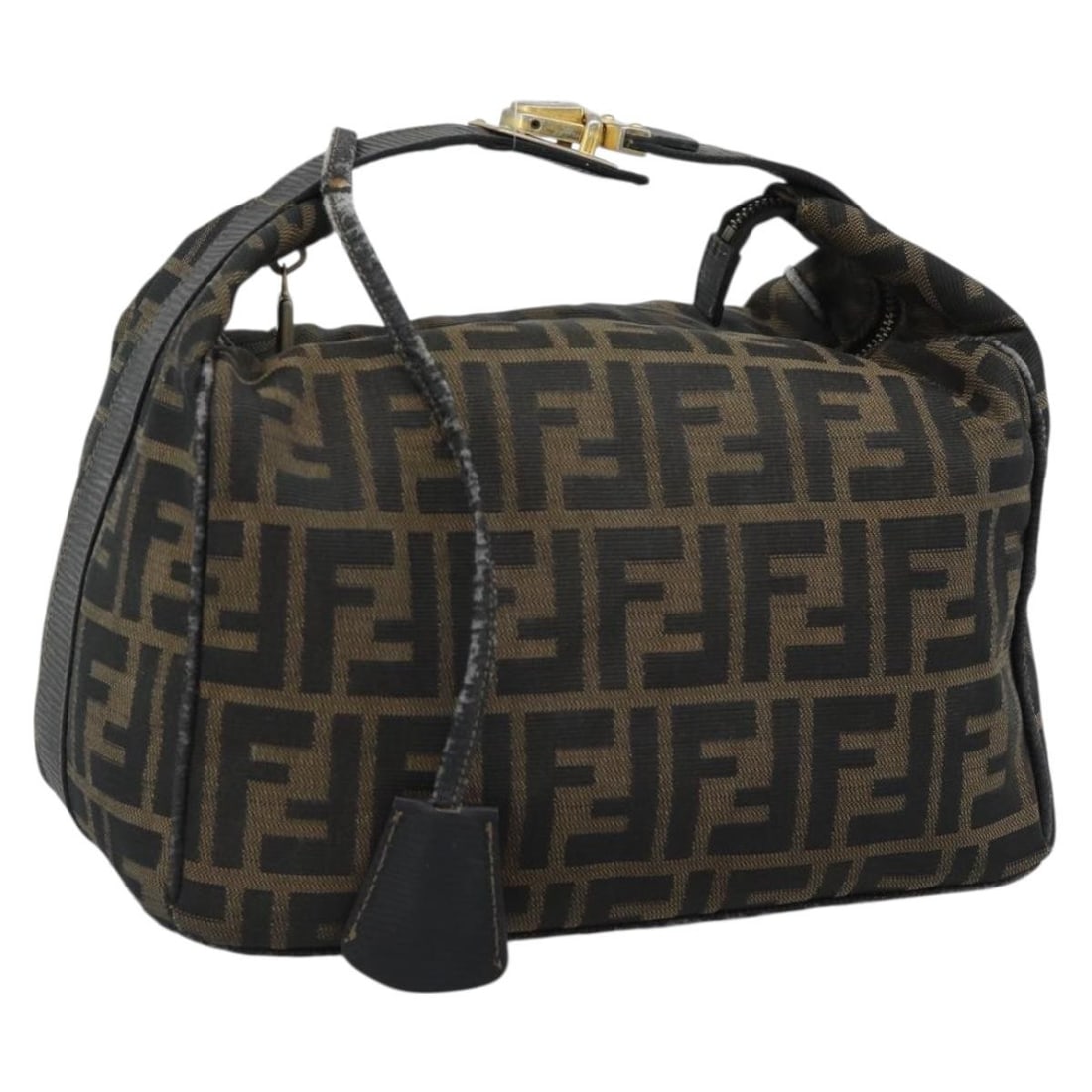 Fendi Zucca Canvas Vanity Pouch with Key Clochette Brown Black: Fendi Zucca Canvas Vanity Pouch with Key Clochette Brown Black Fendi vanity pouch in brown, black, and gold Zucca canvas. This women's pouch is made in Italy and includes one key and a clochette. Cond