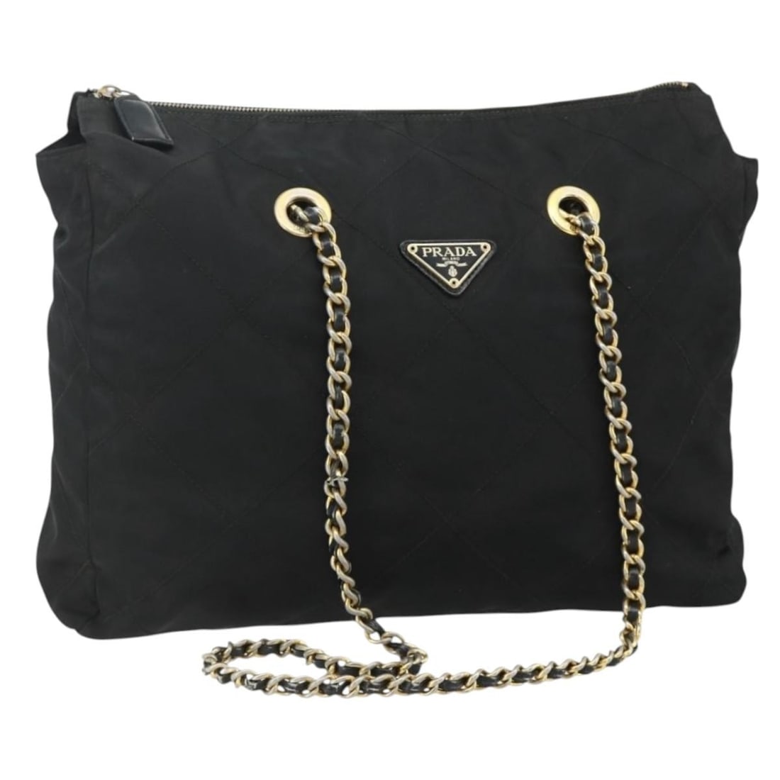 PRADA Black Nylon Shoulder Bag with Gold Chain Strap: PRADA Black Nylon Shoulder Bag with Gold Chain Strap Prada shoulder bag in black nylon with a chain shoulder strap and gold-tone accents. Made in Italy, this women's bag shows heavy use with visible w