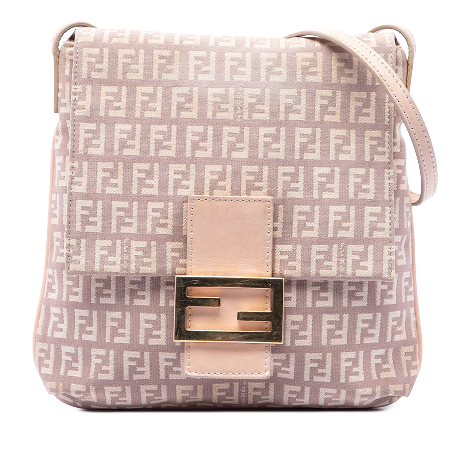 Fendi Zucchino pink canvas flap crossbody bag: Fendi Zucchino pink canvas flap crossbody bag This Fendi Zucchino Canvas Crossbody bag features a pink fabric body with leather trim and an adjustable flat leather strap. It has a top flap with a flat