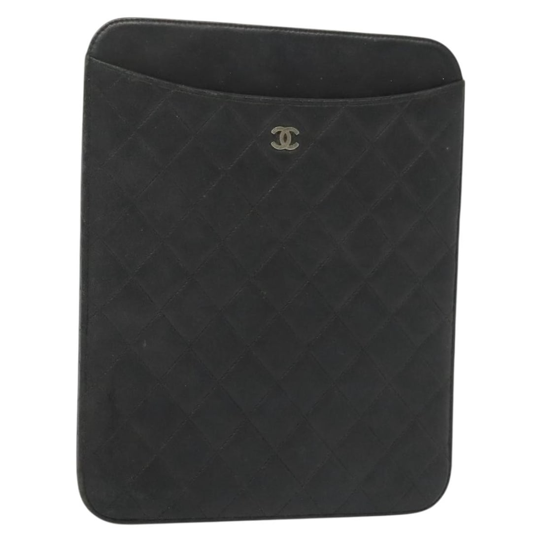CHANEL Lamb Skin iPad Case Black Silver CC France: CHANEL Lamb Skin iPad Case Black Silver CC France Black lamb skin CHANEL Matelasse iPad case made in France. This women's case features silver-tone CC detailing and a slim profile sized for an iPad. C