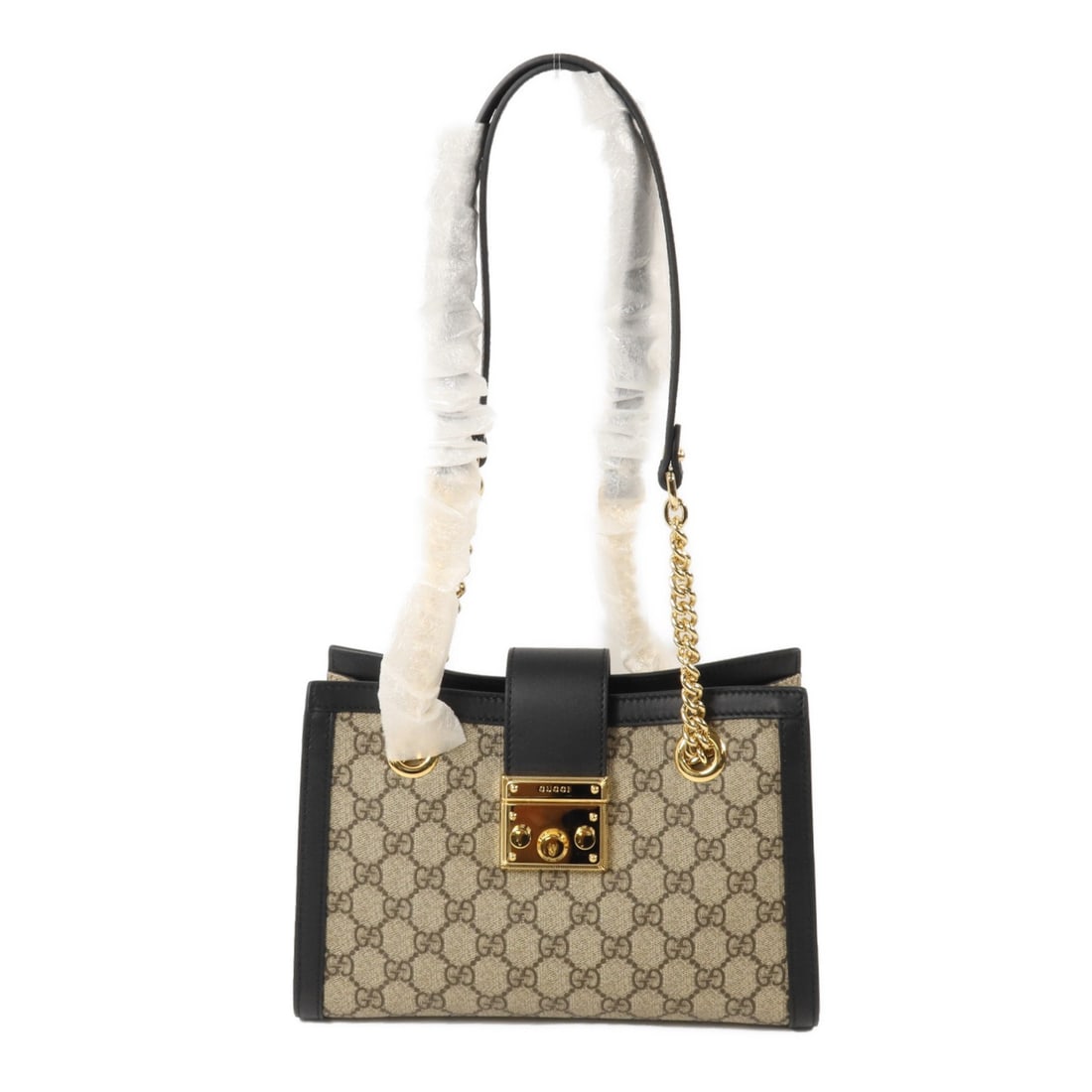 Gucci 498156 Padlock Small Shoulder Bag in Black Brown Coated Canvas: Gucci 498156 Padlock Small Shoulder Bag in Black Brown Coated Canvas Gucci GG Padlock small chain shoulder bag in black and brown coated canvas. This women's shoulder bag is made in Italy and is prese