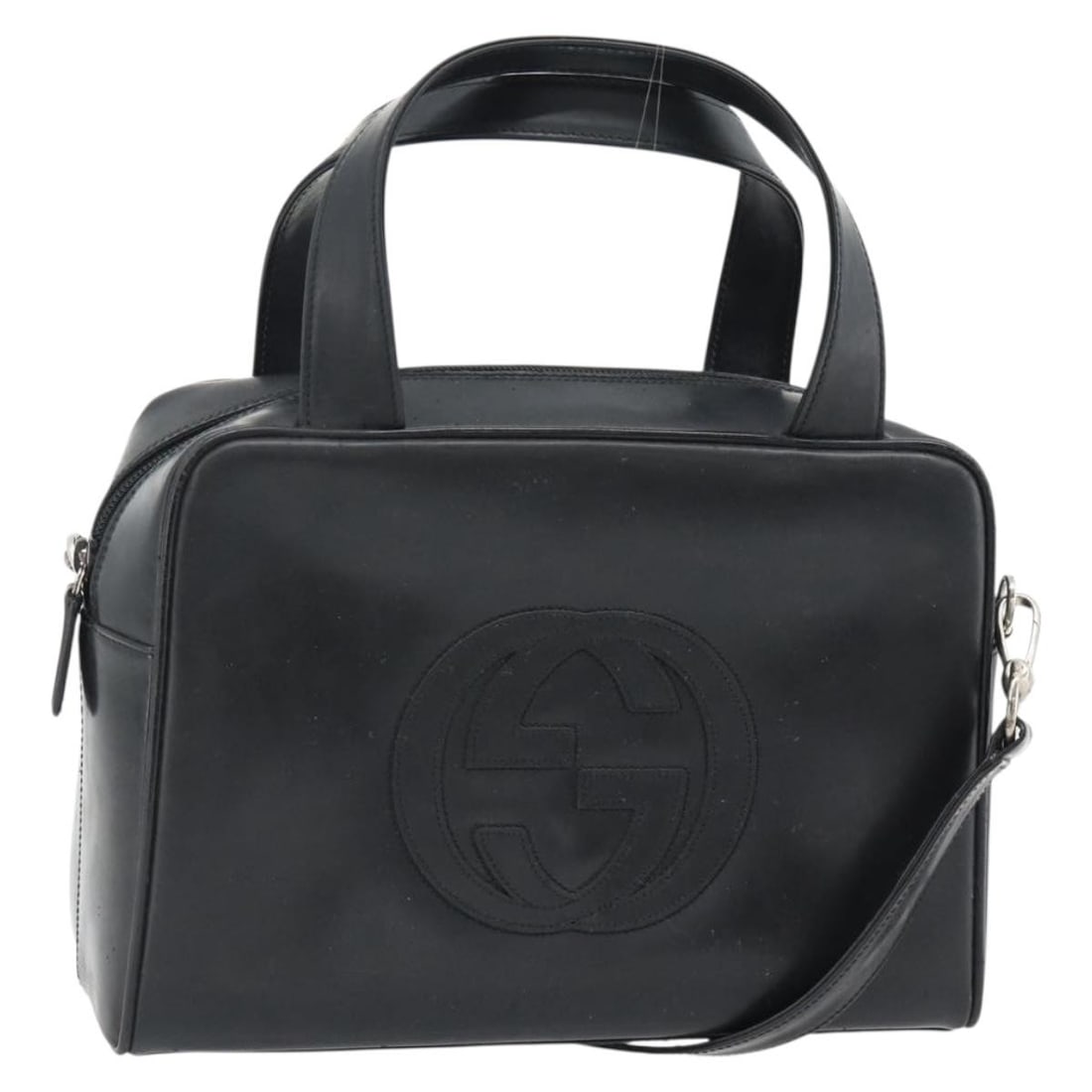 Gucci black patent leather 2way handbag with shoulder strap: Gucci black patent leather 2way handbag with shoulder strap Authentic Gucci 2-way handbag in black patent leather with silver-tone accents. This women's bag includes a shoulder strap and was made in I