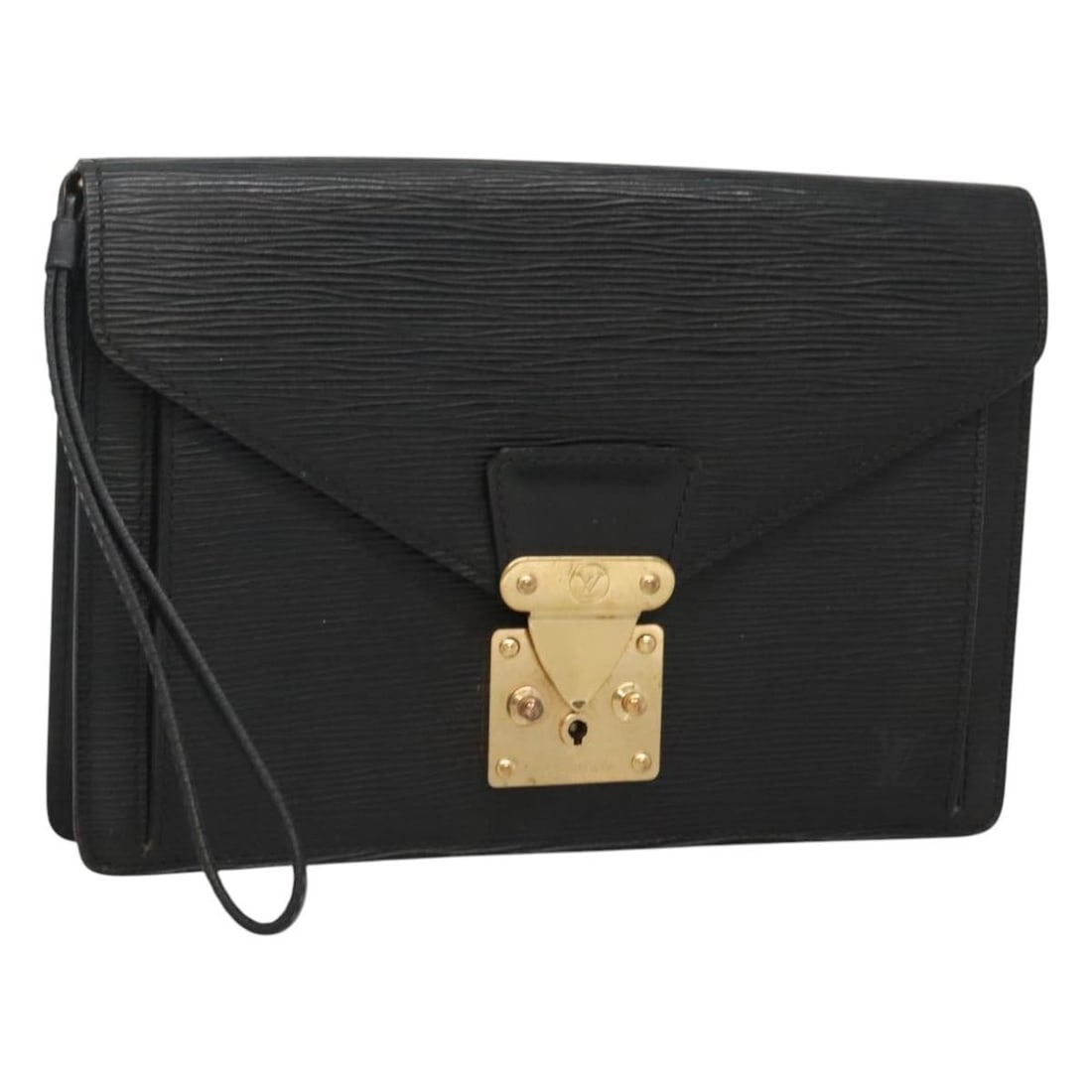 Louis Vuitton M52612 Epi Leather Clutch in Black Noir: Louis Vuitton M52612 Epi Leather Clutch in Black Noir Louis Vuitton Serie Dragonne clutch bag in black Noir Epi leather. This women's clutch is made in France and includes one key. Condition is heavil