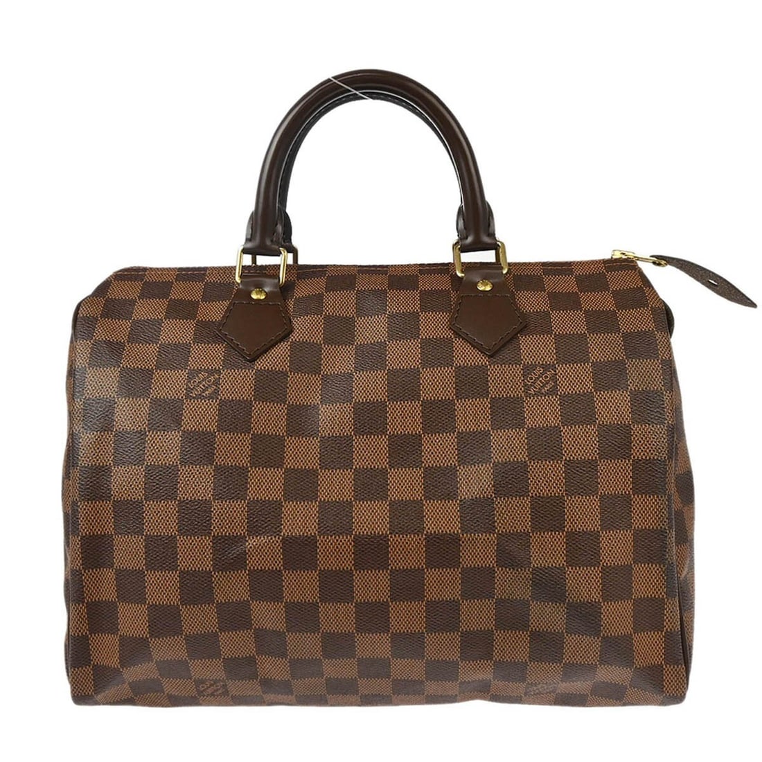 Louis Vuitton Speedy 30 Damier Ebene Leather Canvas Duffle Bag N41531: Louis Vuitton Speedy 30 Damier Ebene Leather Canvas Duffle Bag N41531 Vintage Louis Vuitton Speedy 30 handbag in Damier Ebene canvas with leather trim and double handles. This medium duffle-style bag 