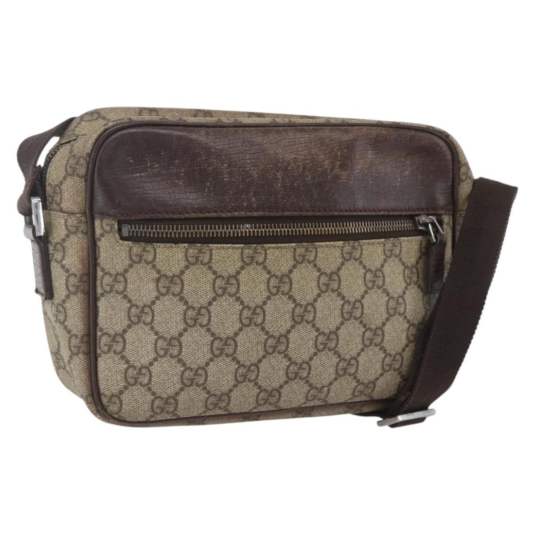 Beige Silver PVC GG Supreme Shoulder Bag by Gucci Model 114291: Beige Silver PVC GG Supreme Shoulder Bag by Gucci Model 114291 This GUCCI GG Supreme Shoulder Bag features a beige and silver color scheme crafted from PVC leather and GG canvas. The bag is made in It
