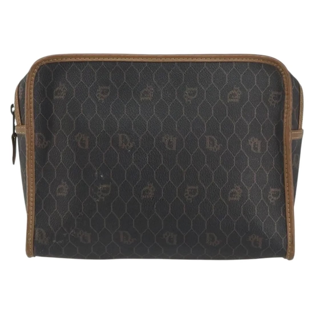 Vintage Dior Honeycomb Canvas and Leather Zip Pouch for Women: Vintage Dior Honeycomb Canvas and Leather Zip Pouch for Women This vintage Christian Dior Honeycomb zip pouch features a black canvas exterior with leather accents. Designed for women, it offers compa
