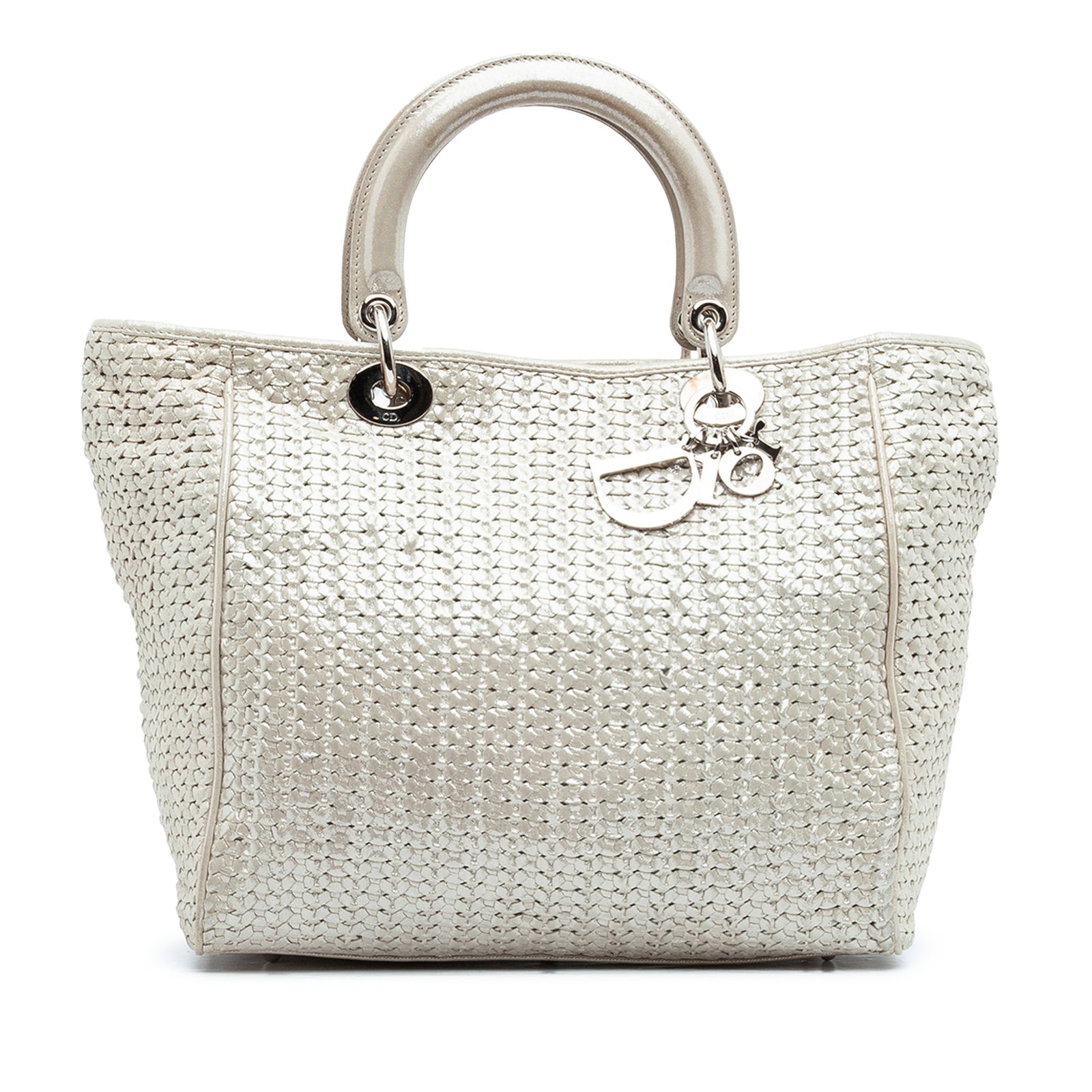 Dior Soft Lady Dior Medium Silver Iridescent Woven Leather Handbag: Dior Soft Lady Dior Medium Silver Iridescent Woven Leather Handbag This Medium Woven Iridescent Calfskin Soft Lady Dior handbag showcases a woven iridescent leather body with a silver hue. It features