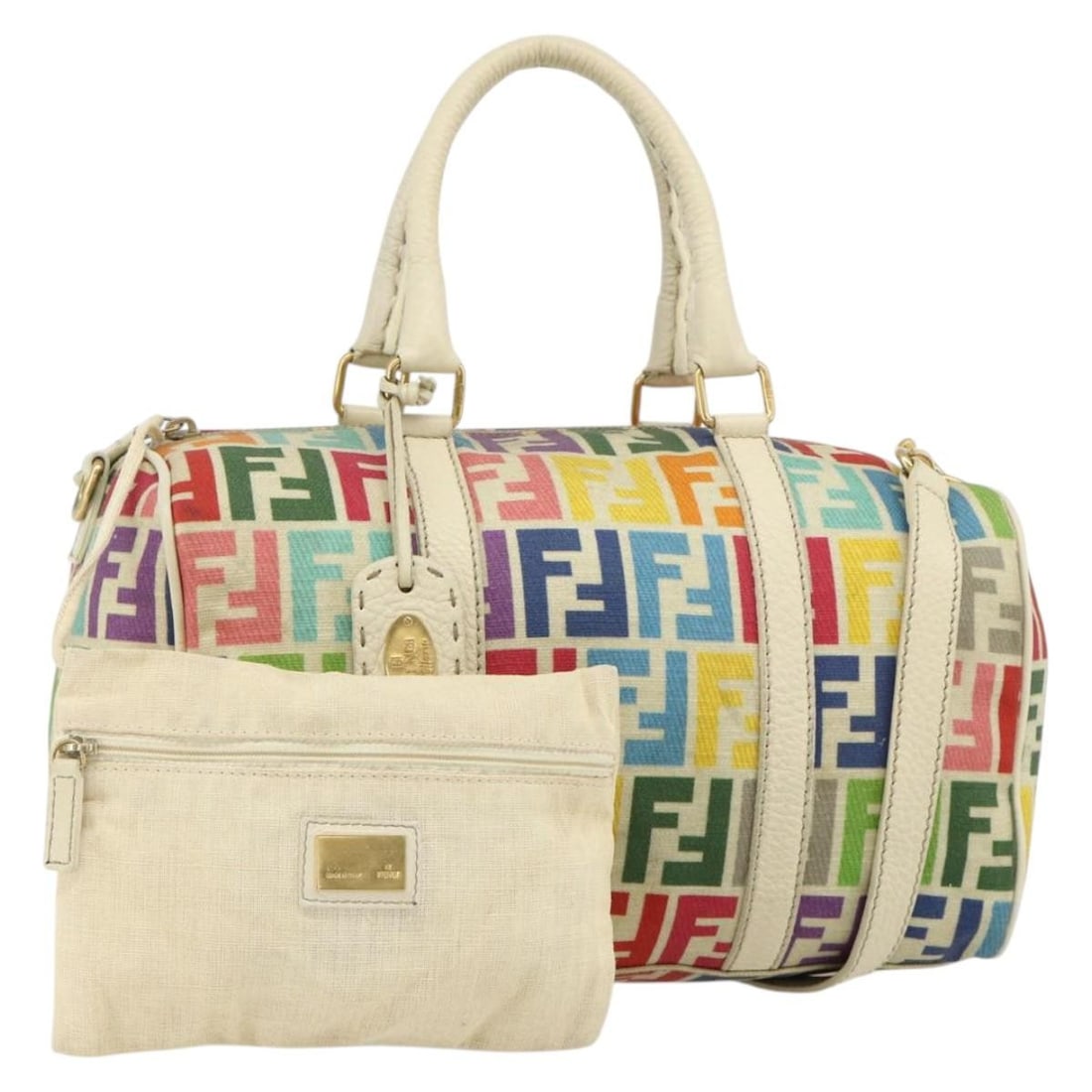 Fendi Celeria 2way Boston Bag in Multicolor Zucca Canvas: Fendi Celeria 2way Boston Bag in Multicolor Zucca Canvas Fendi 2-way Boston bag in multicolor Zucca canvas with gold-tone detailing. This women's bag includes a shoulder strap and pouch, and was made 