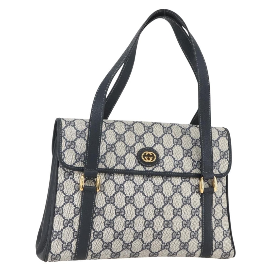 Gucci Navy GG Supreme PVC Handbag with Gold Accents Model 000 093 6089: Gucci Navy GG Supreme PVC Handbag with Gold Accents Model 000 093 6089 This authentic Gucci GG Supreme handbag features a navy and gold color scheme with a combination of PVC leather and GG canvas mat