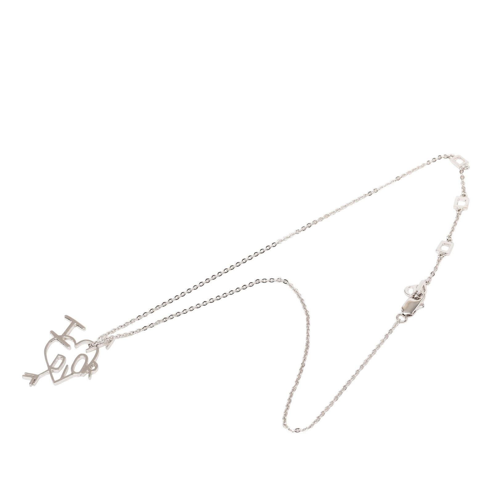 Dior I Heart Pendant Necklace Silver Tone Metal: Dior I Heart Pendant Necklace Silver Tone Metal Silver-tone Dior pendant necklace with an "I Heart Dior" design and lobster clasp closure. This costume jewelry piece is made of metal and shows scratch