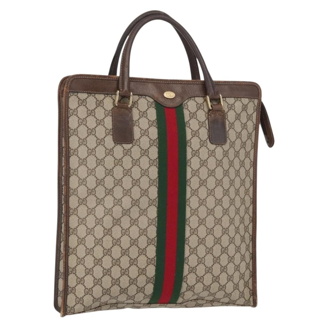 GUCCI 010 378 Sherry Line GG Supreme PVC Tote: GUCCI 010 378 Sherry Line GG Supreme PVC Tote Gucci GG Supreme Web Sherry Line tote bag in beige and gold PVC leather with GG canvas construction. Made in Italy, this women's tote has a heavily used c