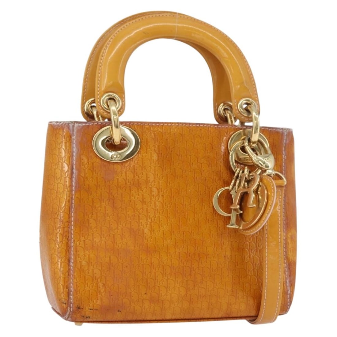 Yellow Gold Trotter Canvas Lady Dior Bag with Shoulder Strap and Charm: Yellow Gold Trotter Canvas Lady Dior Bag with Shoulder Strap and Charm This Christian Dior Lady Dior handbag features the signature Trotter canvas in a striking yellow and gold colorway. Designed for 