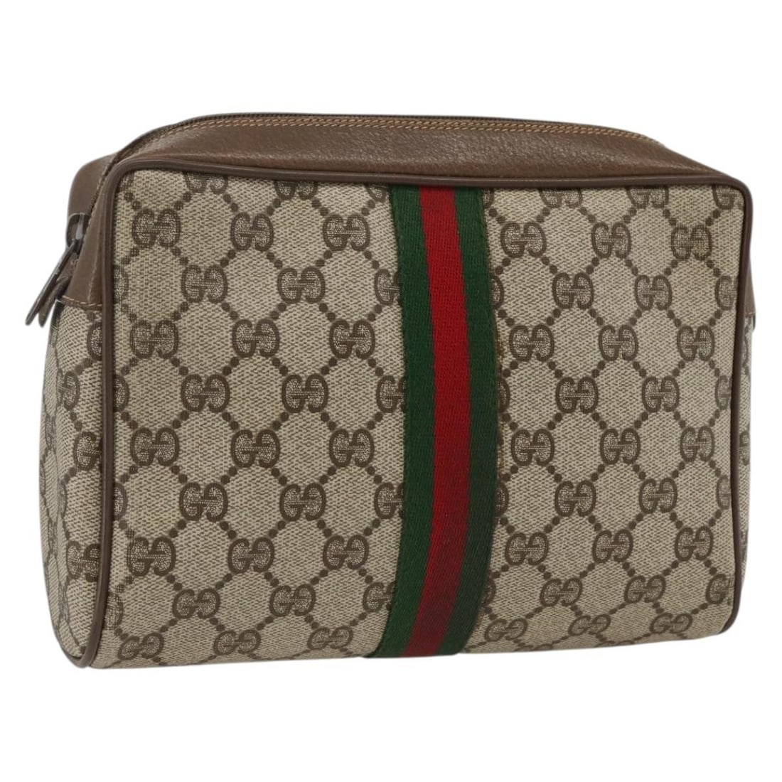 Beige GG Supreme Web Sherry Line Clutch by Gucci PVC Leather 89 01 012: Beige GG Supreme Web Sherry Line Clutch by Gucci PVC Leather 89 01 012 This is a Gucci GG Supreme Web Sherry Line clutch bag crafted from beige PVC leather and GG canvas. Designed for women, the bag f