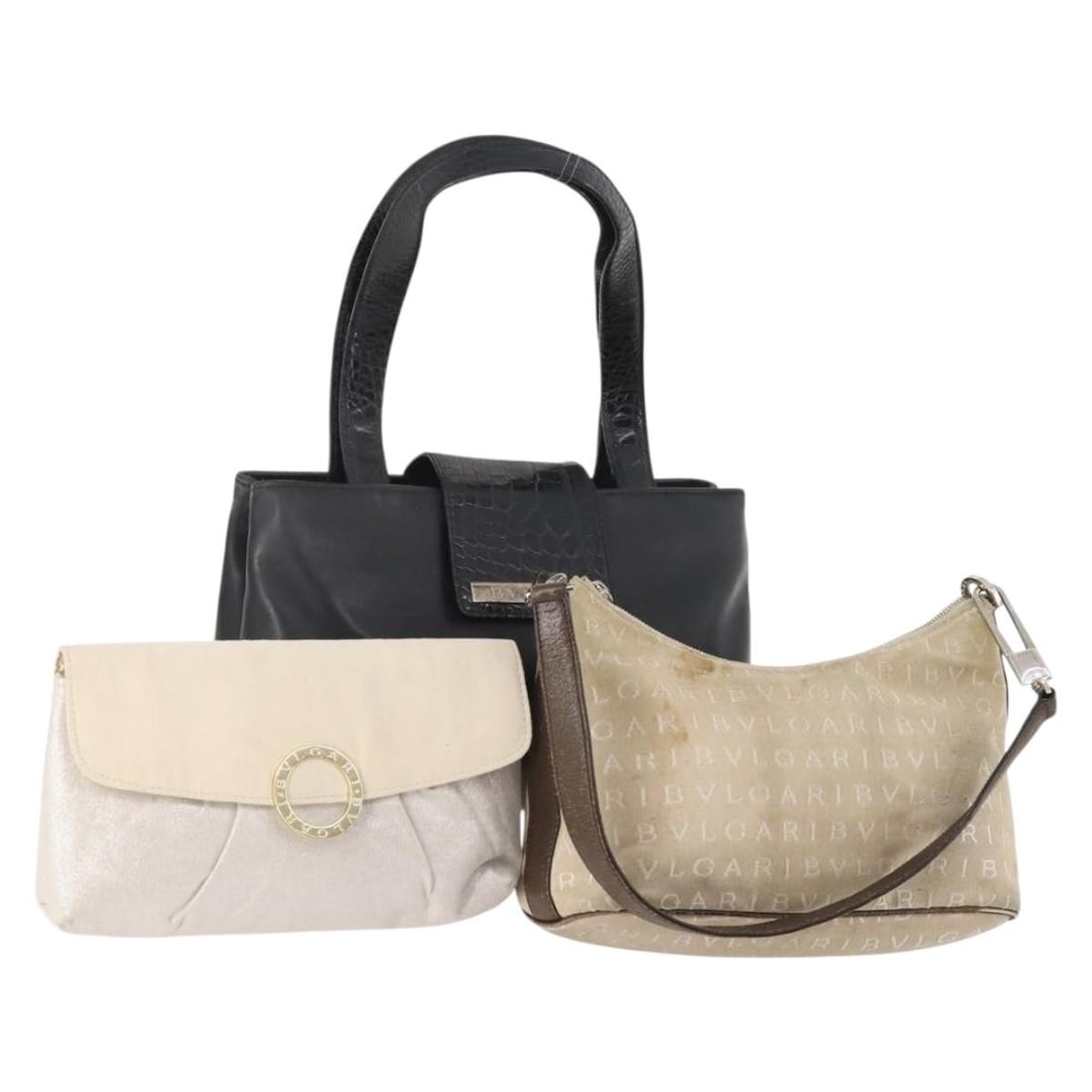 BVLGARI Nylon Canvas Hand Bag 3 Piece Set Black Beige White: BVLGARI Nylon Canvas Hand Bag 3 Piece Set Black Beige White This BVLGARI handbag set includes three nylon canvas bags in black, beige, and white. Designed for women, these handbags feature a combinati