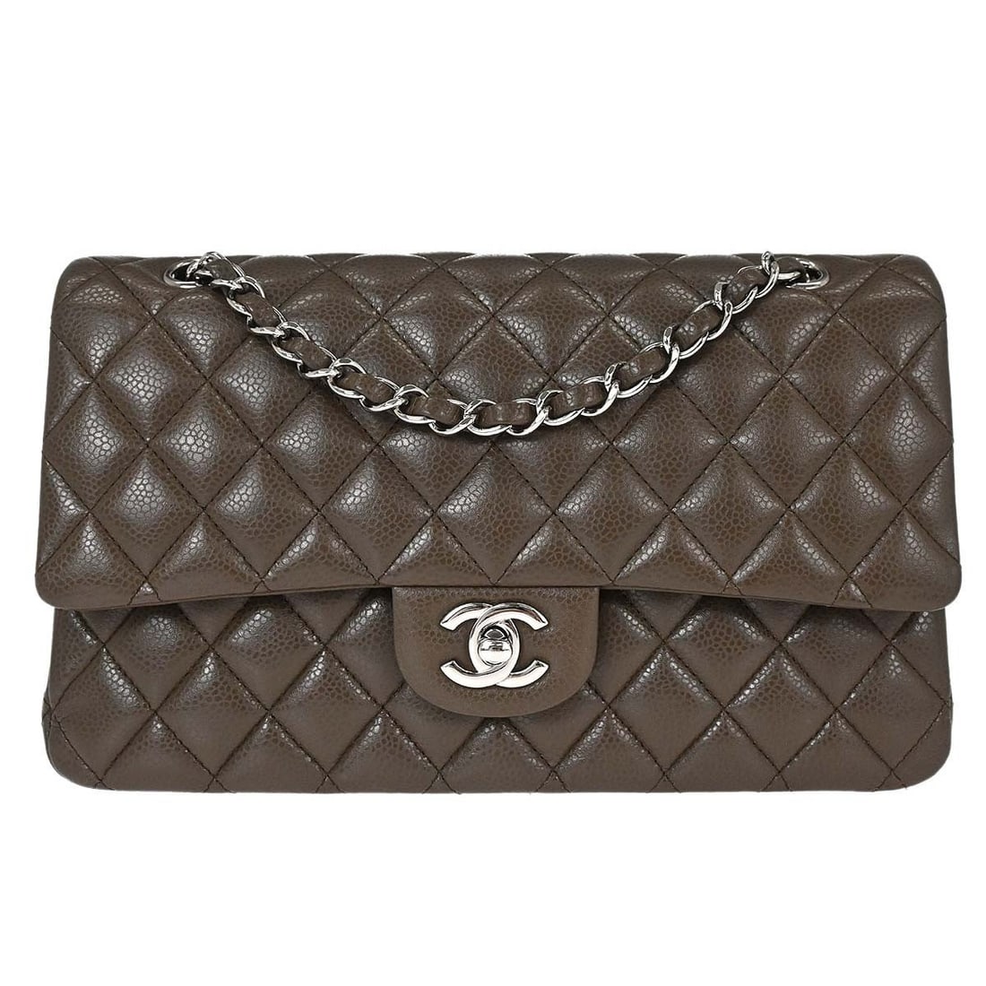 CHANEL Classic Double Flap Medium Shoulder Bag Leather France: CHANEL Classic Double Flap Medium Shoulder Bag Leather France Medium Classic Double Flap shoulder bag in brown caviar skin leather with a turn-lock closure and shoulder strap. Made in France, this bag