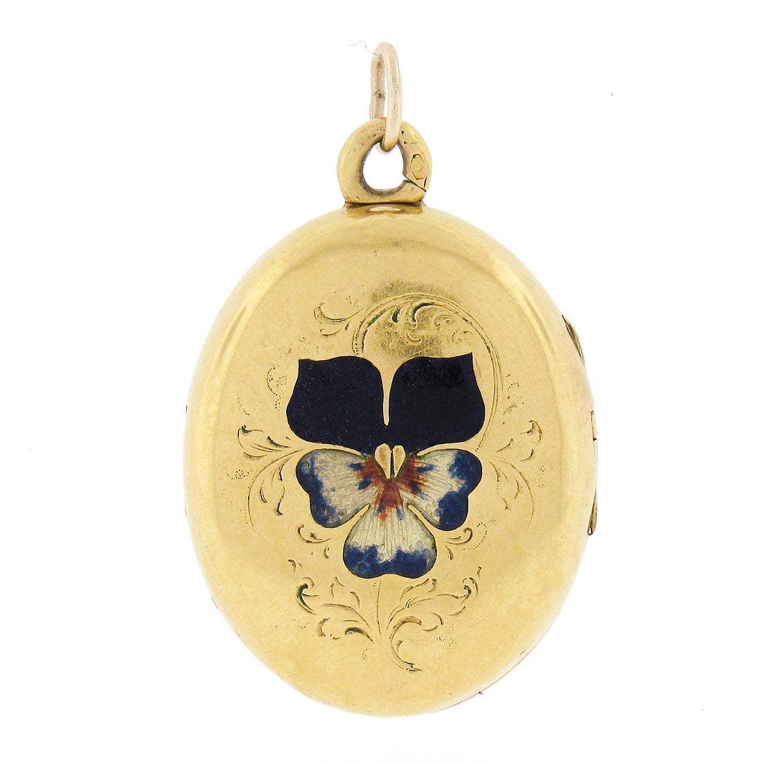 Art Nouveau 14k Gold Pansy Locket Pendant Hinged Enamel Photo: Art Nouveau 14k Gold Pansy Locket Pendant Hinged Enamel Photo This antique Art Nouveau locket pendant features a beautifully crafted pansy flower motif in blue enamel, set in solid 14k yellow gold. Th