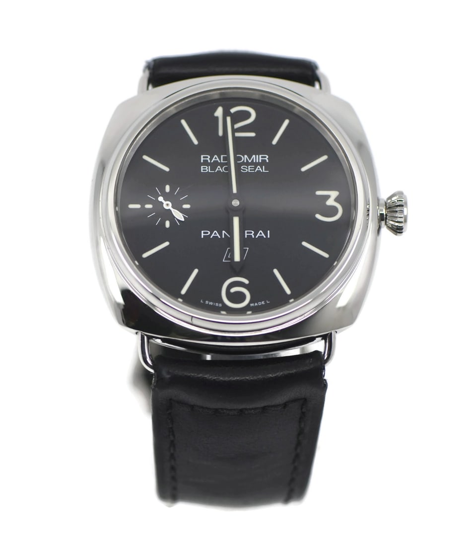 Panerai PAM00380 Radiomir Black Seal 45 mm wristwatch: Panerai PAM00380 Radiomir Black Seal 45 mm wristwatch Pre-owned Panerai Radiomir Black Seal wristwatch with a polished stainless steel case, black dial, and black leather two-piece strap. This manual 