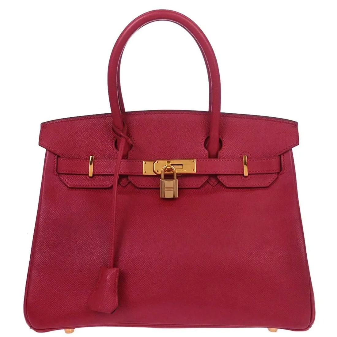 Hermes Birkin red leather handbag gold hardware 30cm x 21cm x 15cm: Hermes Birkin red leather handbag gold hardware 30cm x 21cm x 15cm This Hermes Birkin handbag features luxurious red Courchevel leather with gold hardware. The bag is designed for women and has a stru