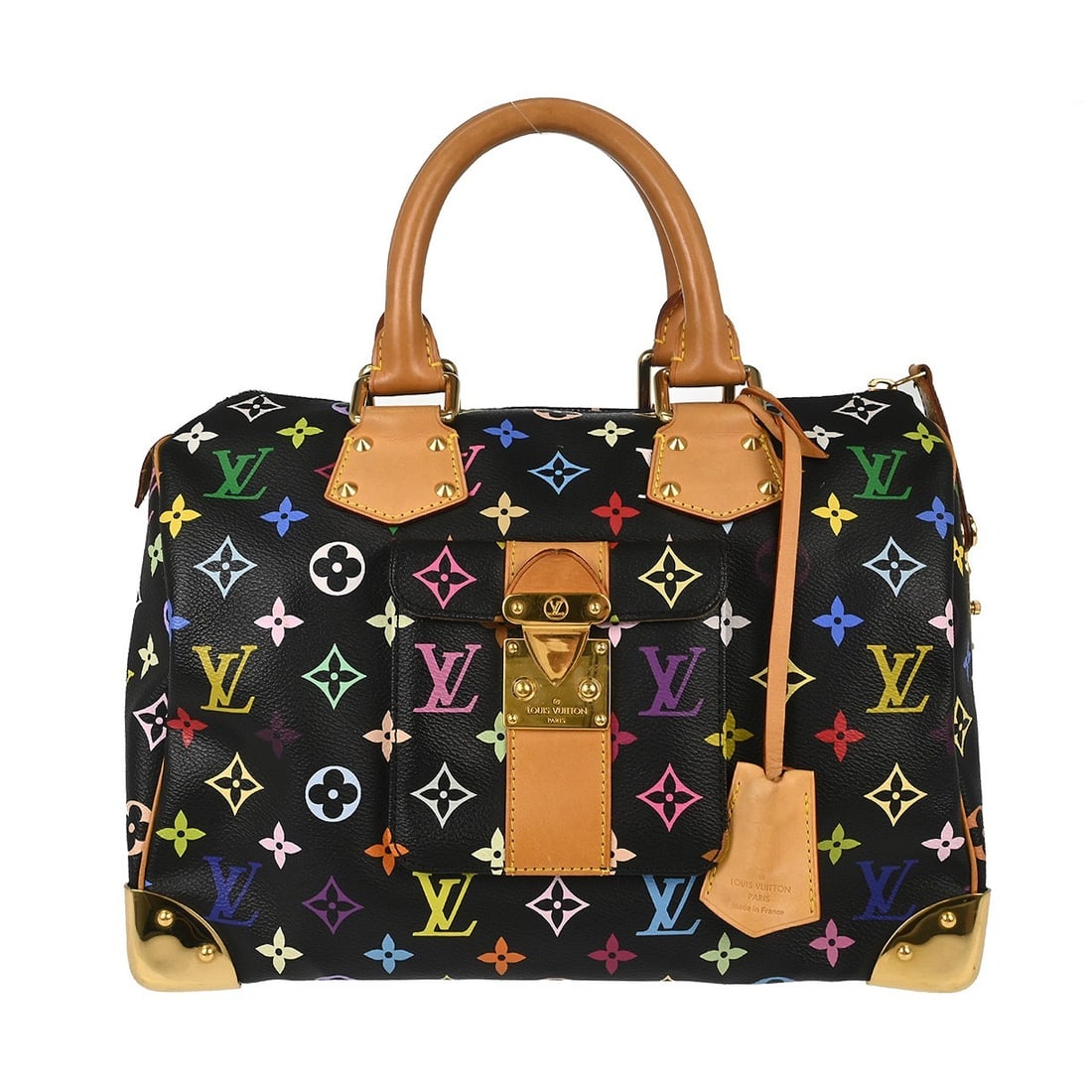 Louis Vuitton Speedy 30 Black Monogram Multicolor Bag M92642: Louis Vuitton Speedy 30 Black Monogram Multicolor Bag M92642 Vintage Louis Vuitton Speedy 30 handbag in black Monogram Multicolor canvas with leather trim. This women's handbag features double handles