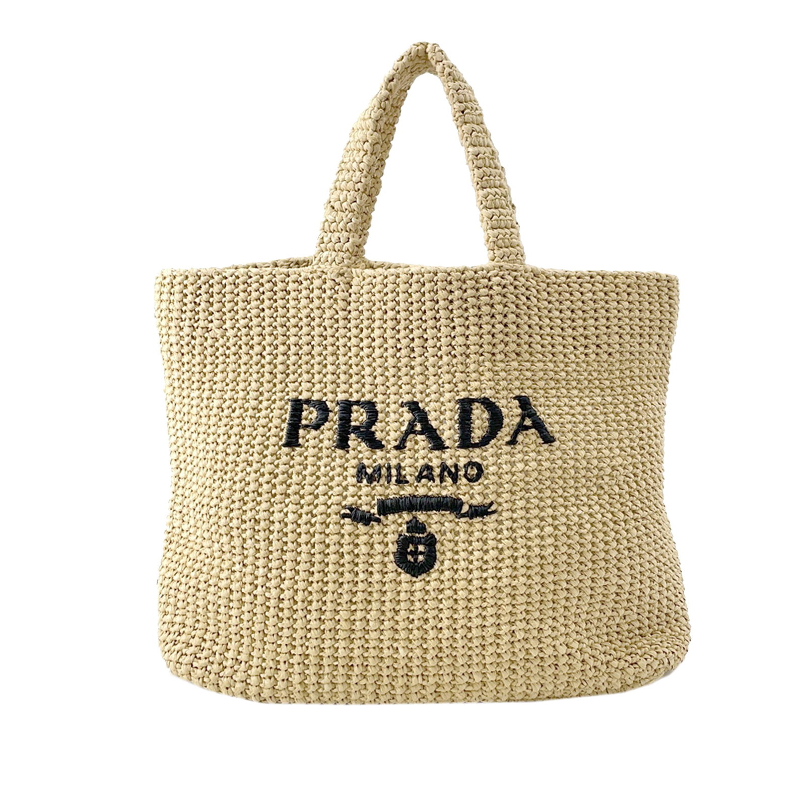 Prada Large Raffia Effect Crochet Tote with Embroidered Logo: Prada Large Raffia Effect Crochet Tote with Embroidered Logo Prada large tote bag with a woven raffia-effect crochet body and embroidered logo design. It features flat raffia handles and an open top. 