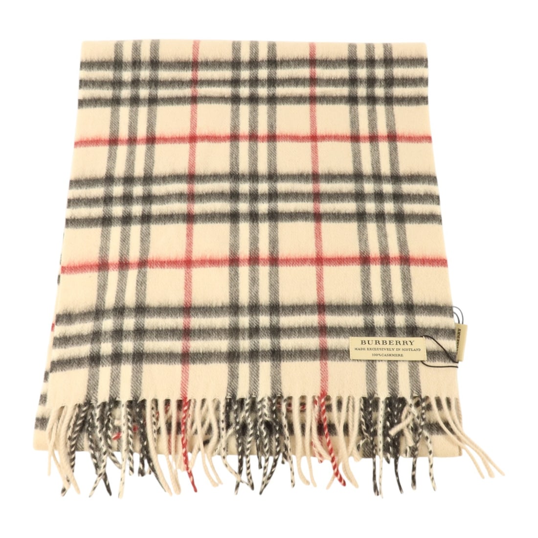 Burberry Cashmere Beige Scarf 132x31cm Women: Burberry Cashmere Beige Scarf 132x31cm Women This Burberry scarf is crafted from luxurious cashmere, offering both comfort and timeless style. Featuring a classic beige base accented with black and re