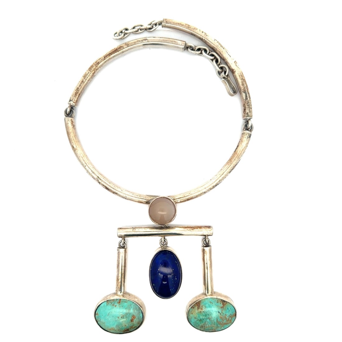 Sterling Silver Necklace With Turquoise Lapis and Quartz Pendant Handmade Vintage: Sterling Silver Necklace With Turquoise Lapis and Quartz Pendant Handmade Vintage This handmade vintage necklace features a swinging pendant set with two natural matrix turquoise stones, one natural l