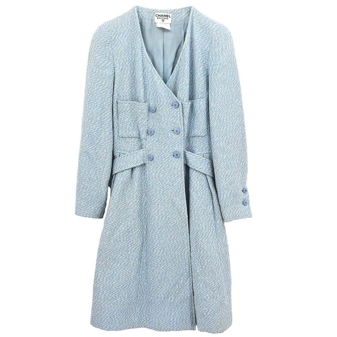 Vintage Chanel 96P Light Blue Tweed Overcoat FR 42: Vintage Chanel 96P Light Blue Tweed Overcoat FR 42 Vintage Chanel long sleeve tweed coat in light blue with a button-front closure and four exterior pockets. This women's overcoat is made in France an