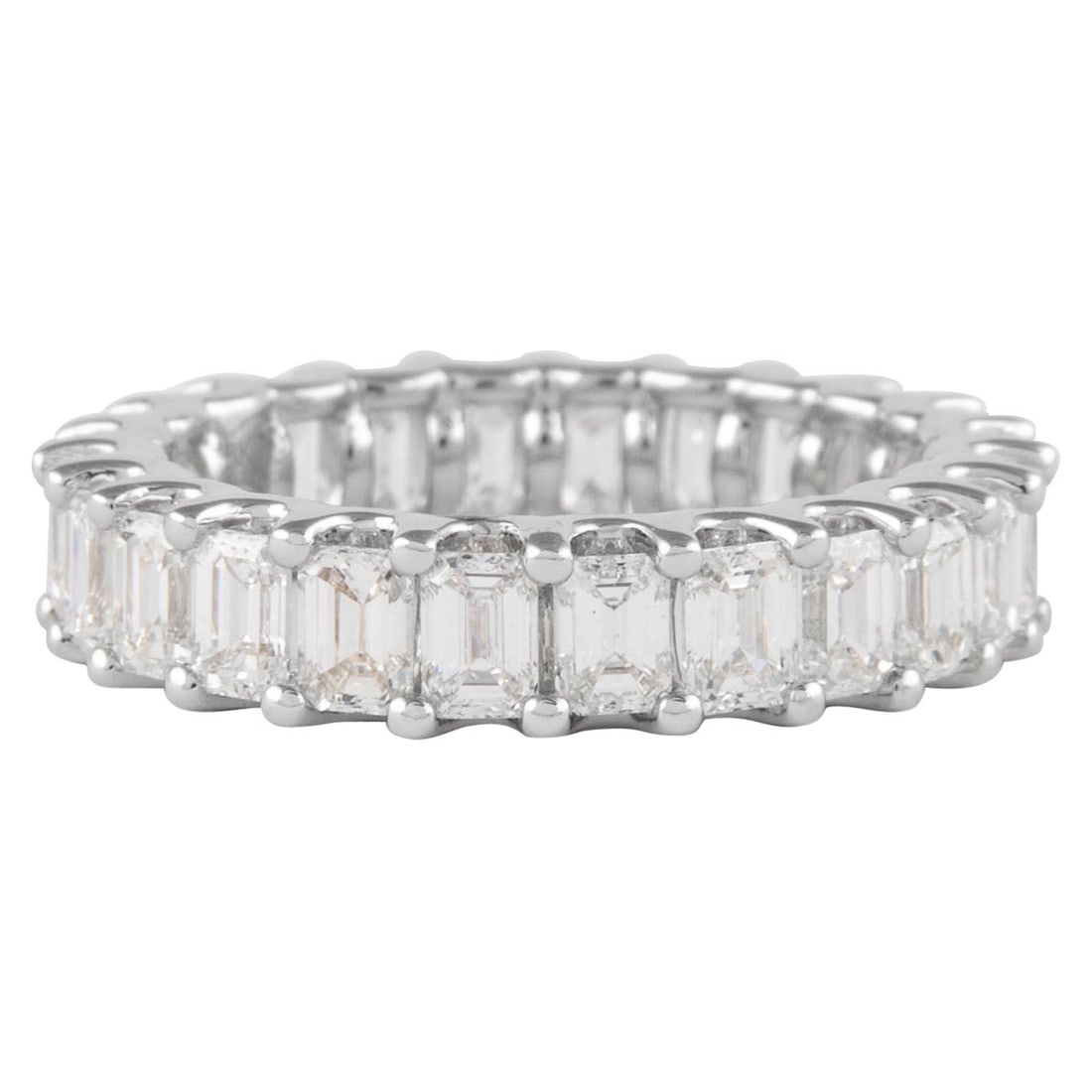 3.68ct VVS Emerald Cut Diamond Eternity Ring Platinum: 3.68ct VVS Emerald Cut Diamond Eternity Ring Platinum This exquisite eternity band features 19 stunning emerald cut diamonds totaling 3.68 carats, with a D/E color grade and VVS clarity. Crafted from 