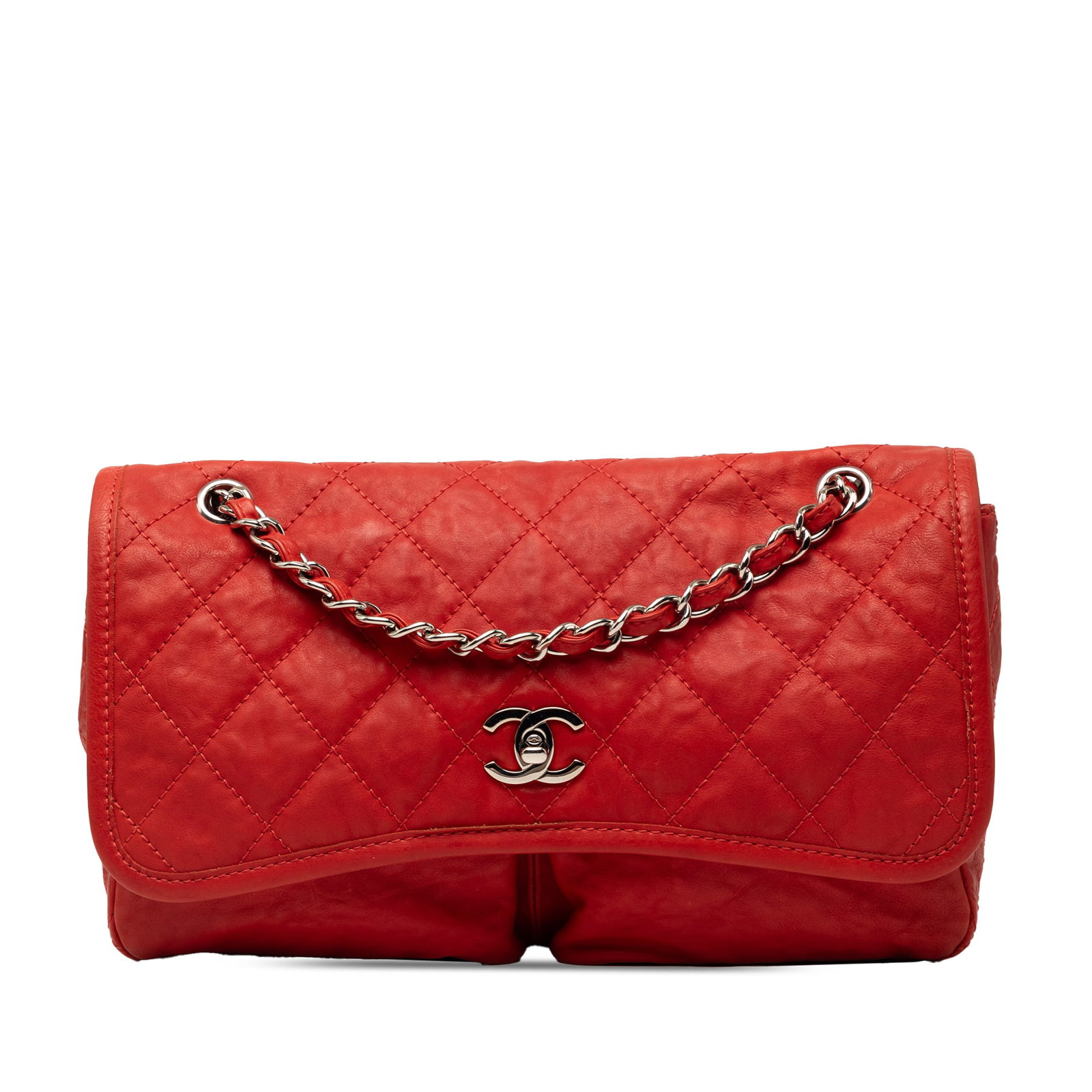 Red leather shoulder bag Chanel Natural Beauty Medium Flap: Red leather shoulder bag Chanel Natural Beauty Medium Flap Medium Chanel Natural Beauty Flap shoulder bag in red grained calfskin with a quilted leather body and leather-woven chain straps. The bag fe