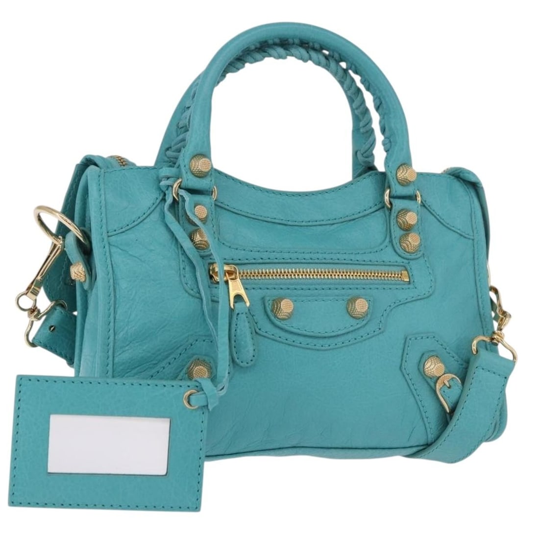 BALENCIAGA 309544 Giant Mini City Leather 2way Hand Bag Turquoise Blue: BALENCIAGA 309544 Giant Mini City Leather 2way Hand Bag Turquoise Blue Balenciaga Giant Mini City 2-way handbag in turquoise blue leather. This women's bag includes a top handle and a detachable shoul