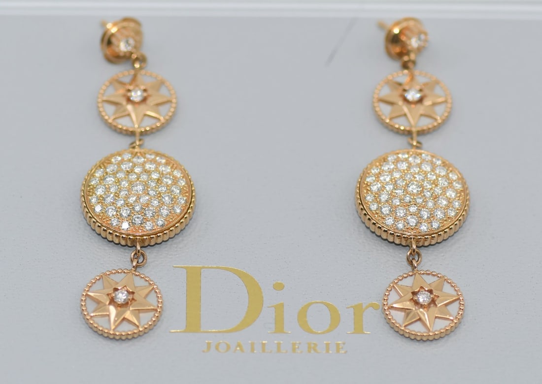 Rose De Vents 18K Rose Gold Diamond Earrings by Dior with Box and Certificate: Rose De Vents 18K Rose Gold Diamond Earrings by Dior with Box and Certificate These Dior Rose De Vents earrings feature a chandelier style crafted from 18k rose gold and adorned with diamonds. They ha