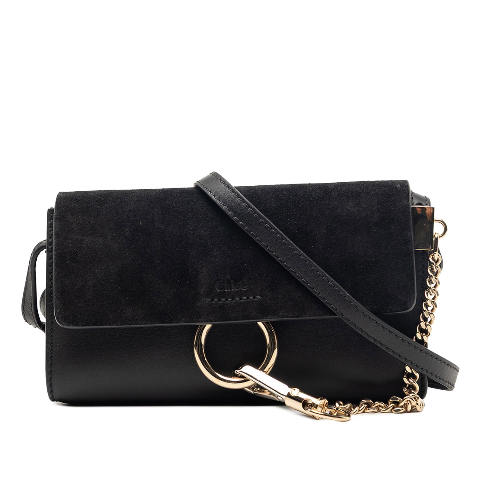 Chloe Faye Mini Chain Crossbody Bag Black Calfskin Suede: Chloe Faye Mini Chain Crossbody Bag Black Calfskin Suede This Chloe Mini Calfskin and Suede Faye Chain Crossbody bag features a black calf leather body with a suede top flap, accented by a signature h