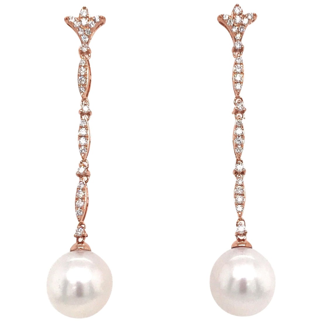 Harbor Diamonds 18K Rose Gold South Sea Pearl Diamond Drop Earrings 0.42ct: Harbor Diamonds 18K Rose Gold South Sea Pearl Diamond Drop Earrings 0.42ct Exquisite 18K rose gold drop earrings showcasing a contemporary design, featuring 40 round brilliant diamonds totaling 0.42 c