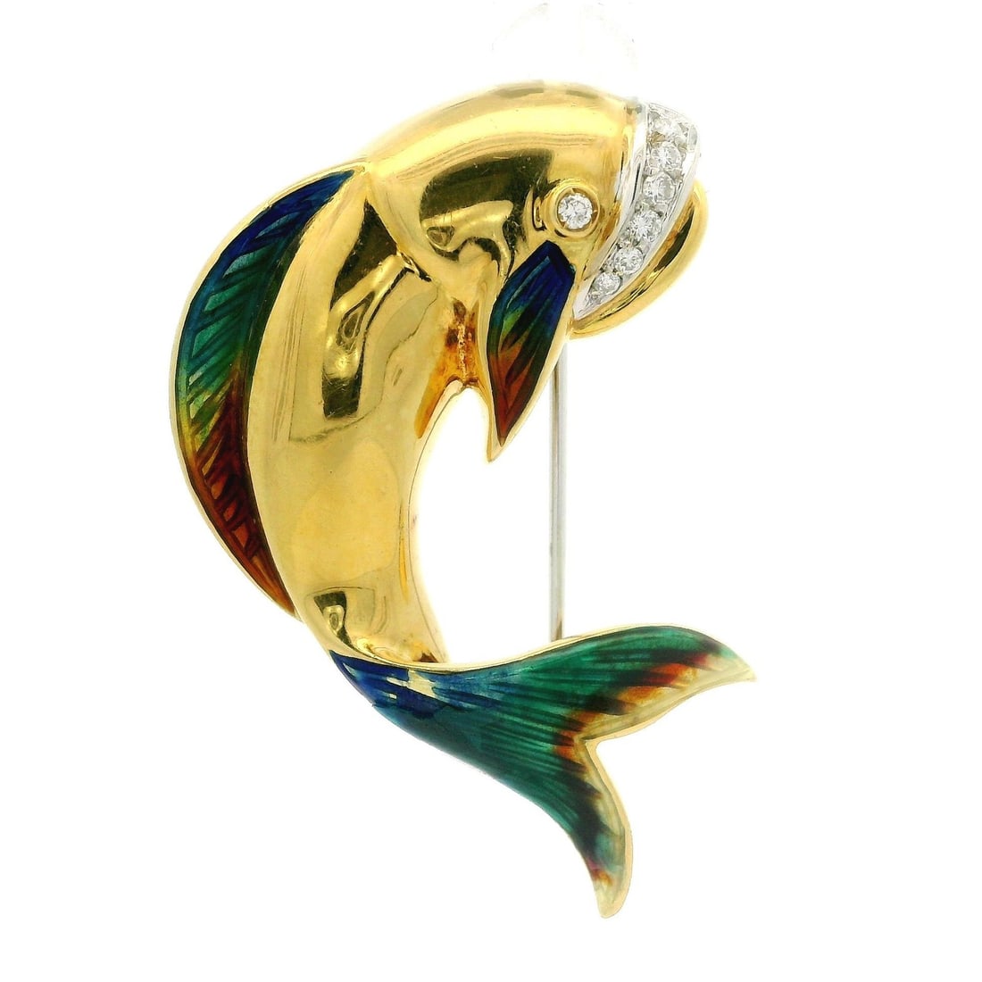 18k Yellow Gold Diamond Rainbow Enamel Diving Fish Brooch Pin: 18k Yellow Gold Diamond Rainbow Enamel Diving Fish Brooch Pin This exquisite 18k Yellow Gold Diamond Rainbow Enamel Work Flopping Diving Fish Pin Brooch is a stunning accessory that combines elegance 