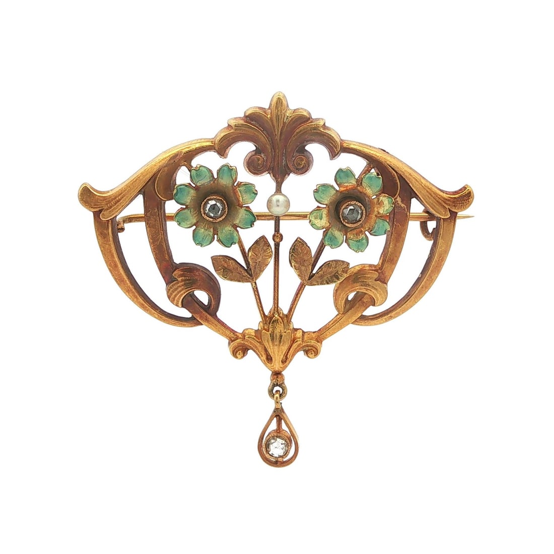 Art Nouveau Era 18k Gold Brooch With Diamonds Seed Pearl and Enamel Flower Design: Art Nouveau Era 18k Gold Brooch With Diamonds Seed Pearl and Enamel Flower Design This antique Art Nouveau flower pin brooch features a delicate design crafted from solid 18k yellow gold with a gold w