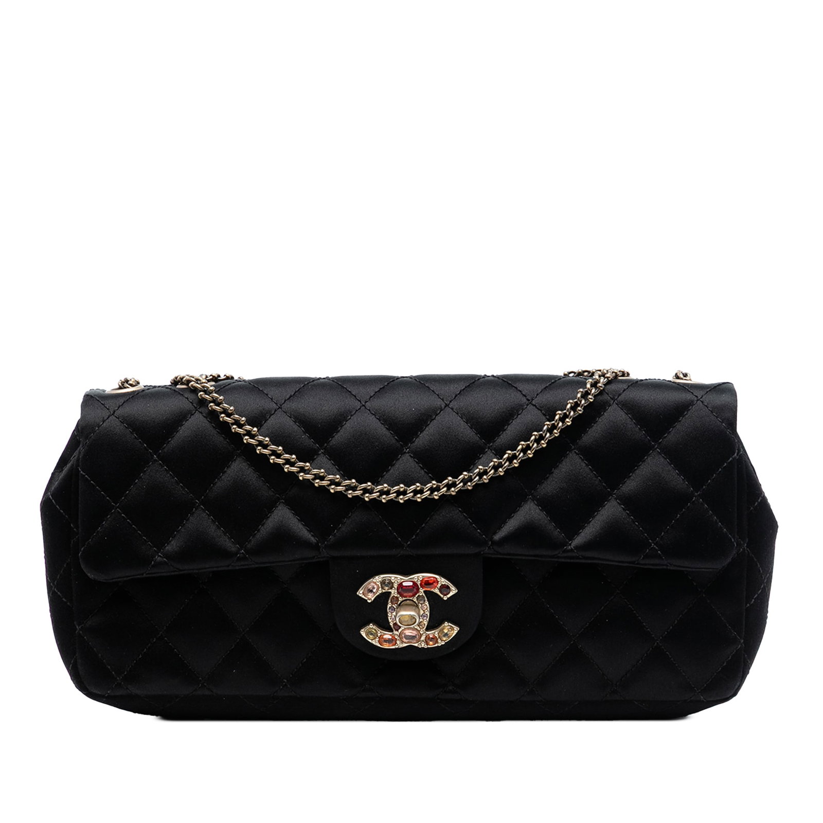 Chanel Precious Jewel East West Quilted Satin Flap Shoulder Bag: Chanel Precious Jewel East West Quilted Satin Flap Shoulder Bag This Chanel shoulder bag features a quilted satin body in black, complemented by chain link shoulder straps and a front flap with a CC t