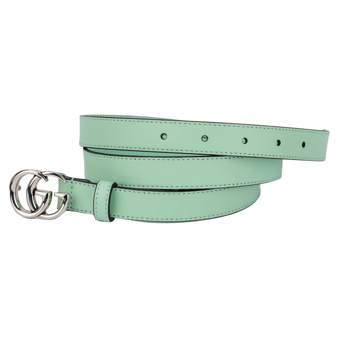 Gucci GG slim leather belt in mint green 36 in: Gucci GG slim leather belt in mint green 36 in Gucci light mint green leather belt with a silver GG buckle. Includes the original dust cover and is described in un-used condition. Specifications Brand
