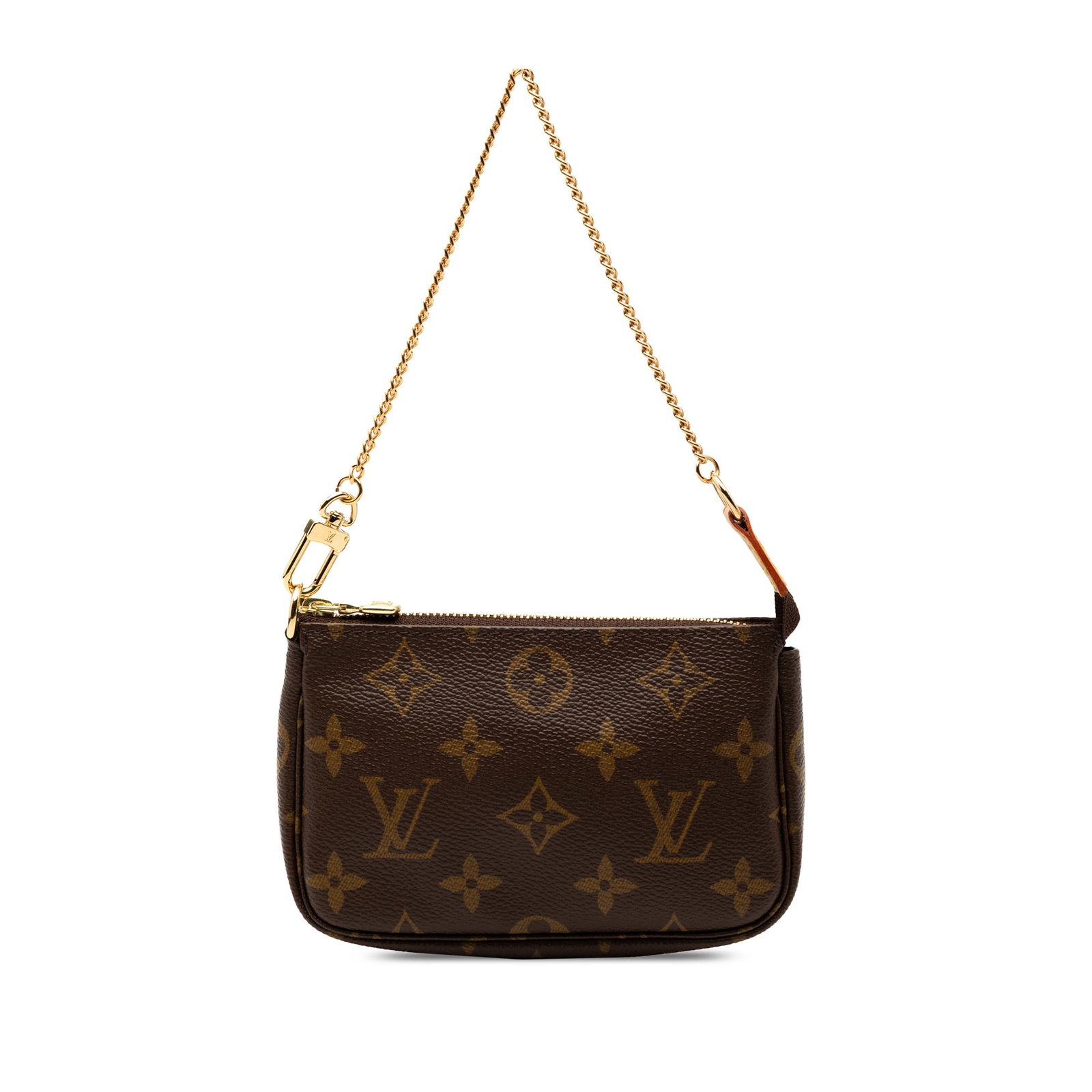 Louis Vuitton Mini Pochette Monogram Canvas Bag with Chain Strap: Louis Vuitton Mini Pochette Monogram Canvas Bag with Chain Strap The Louis Vuitton Monogram Mini Pochette Accessoires features a monogram canvas body in brown, a gold-tone chain link strap, and a top 
