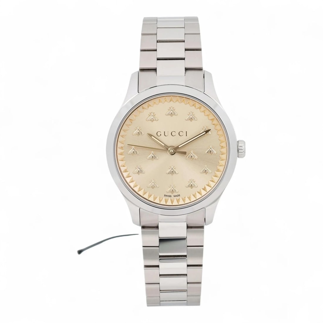 Gucci G-Timeless Ladies Watch Gold Dial Bee Motif 32MM YA1265035: Gucci G-Timeless Ladies Watch Gold Dial Bee Motif 32MM YA1265035 Discover the elegance of the Gucci G-Timeless Ladies Watch, featuring a stunning gold sunburst dial adorned with the iconic bee motif. 