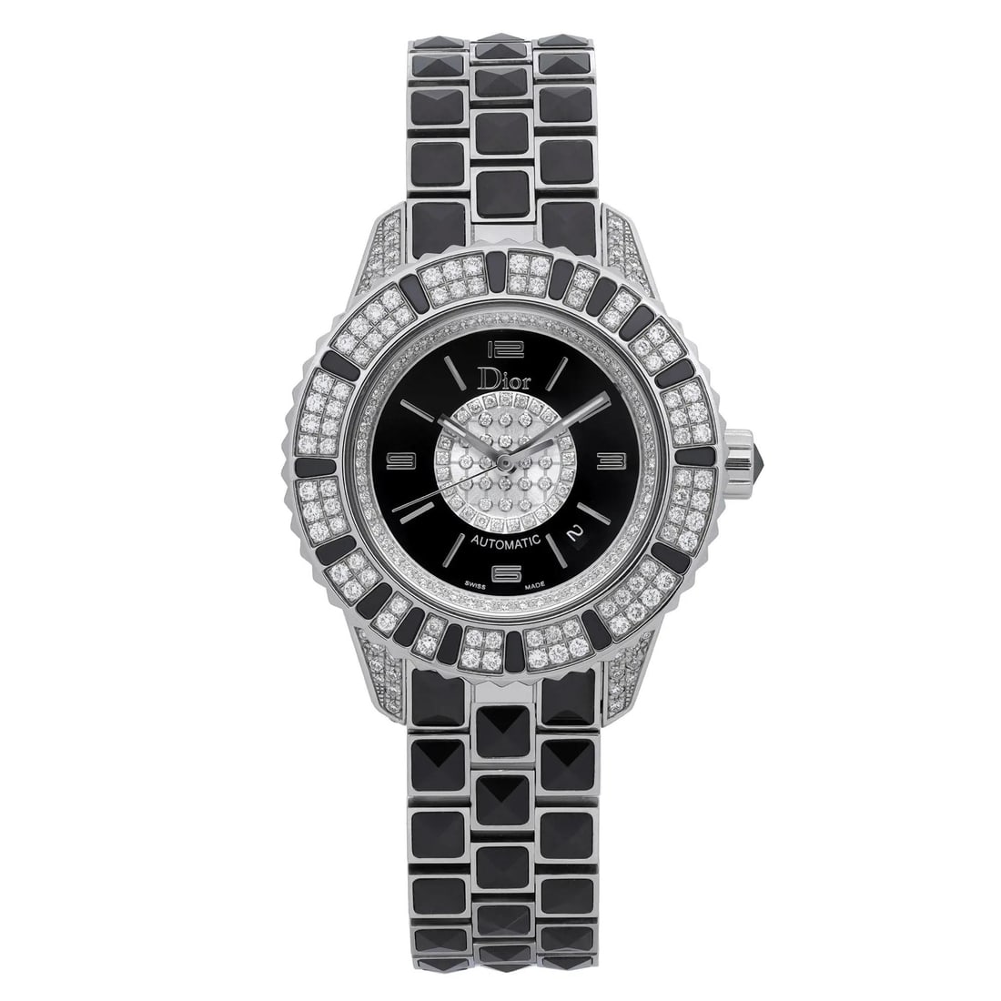 Dior Christal 33mm Automatic Watch Black Dial Diamond Bezel: Dior Christal 33mm Automatic Watch Black Dial Diamond Bezel Introducing the Dior Christal 33mm Automatic Watch, a stunning blend of luxury and precision. This exquisite wristwatch features a sleek bla