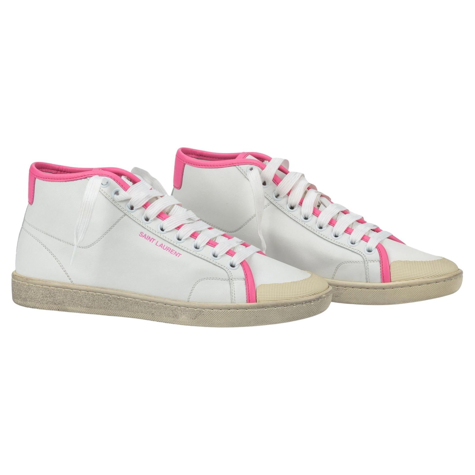 Yves Saint Laurent Court Classic Pink Mid Top Sneakers Size 38: Yves Saint Laurent Court Classic Pink Mid Top Sneakers Size 38 Un-used Yves Saint Laurent Pink Court Classic sneakers in a mid-top lace-up style. This pair comes in the original box with additional st