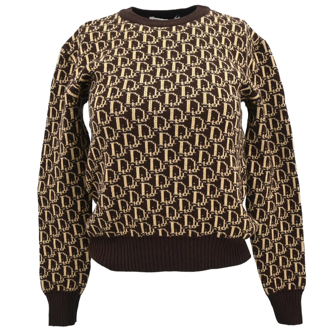 Dior Trotter Wool Long Sleeve Top Brown Beige Size M: Dior Trotter Wool Long Sleeve Top Brown Beige Size M Christian Dior Trotter long sleeve sweater in brown and beige with an allover logo pattern and round neckline. Made for women in a regular fit, thi