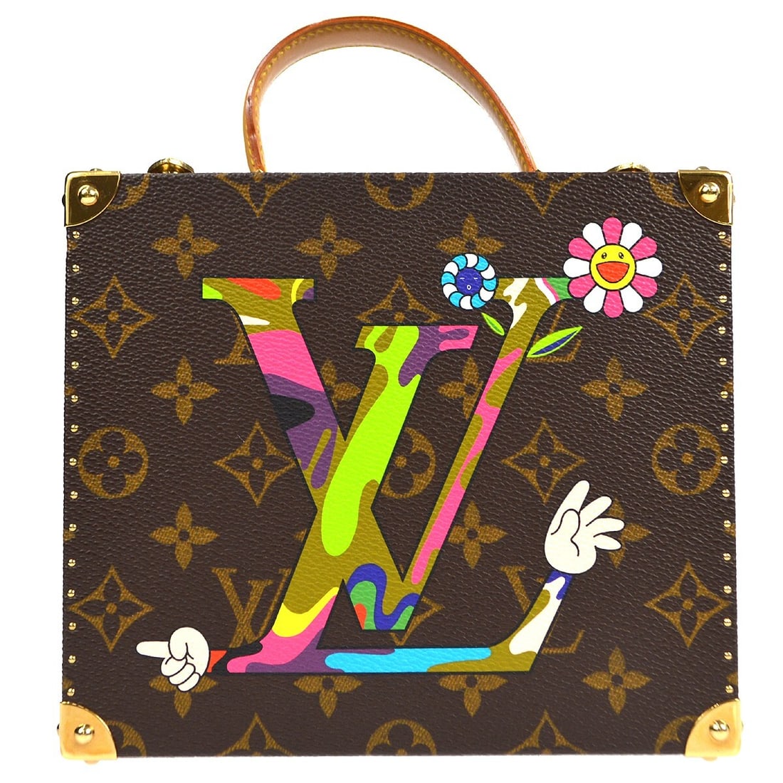 Louis Vuitton Takashi Murakami top handle jewelry case bag M92477: Louis Vuitton Takashi Murakami top handle jewelry case bag M92477 Louis Vuitton x Takashi Murakami jewelry box handbag in brown Monogram canvas with leather trim. This top handle bag features a buckle
